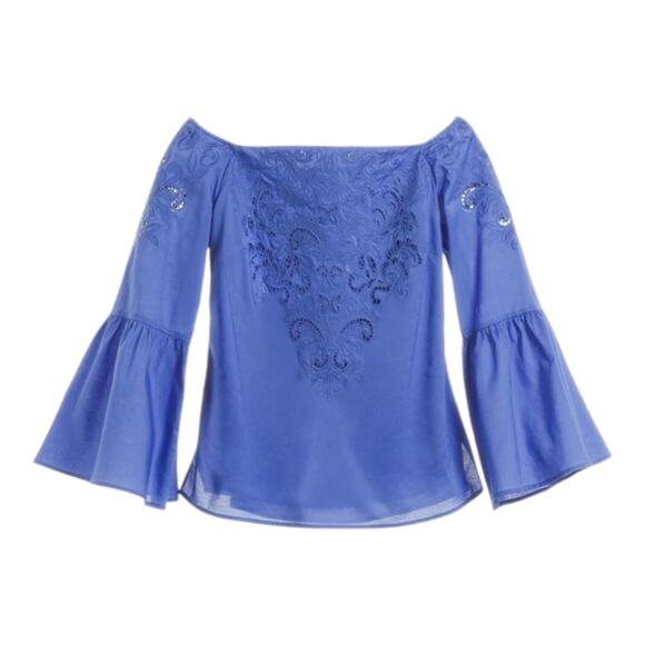 Chico's Off Shoulder Bell Sleeve Cutout Floral Royal Blue Shirt Size 3 XL - Picture 3 of 11